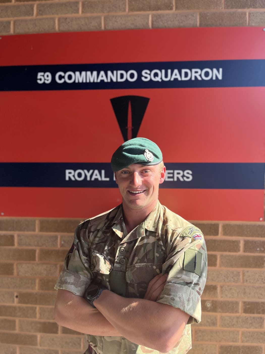 Harry Hatfield in uniform outside 59 Commando Squadron, Royal Engineers